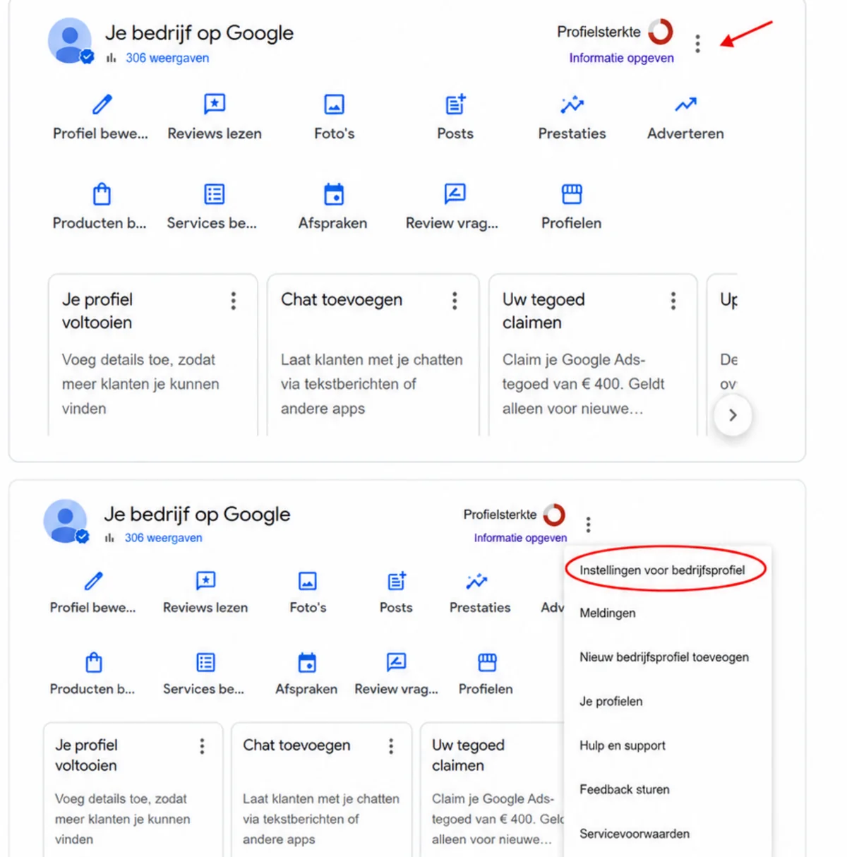 Instellingen voor bedrijfsprofiel menu openen